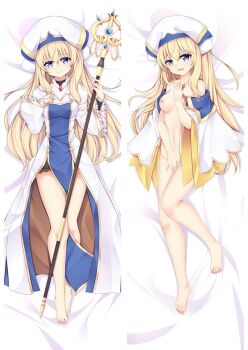 1girl bare_legs barefoot bed_sheet blonde_hair blue_eyes bottomless breasts closed_mouth collarbone covering_crotch covering_privates dakimakura_(medium) female_focus from_above full_body goblin_slayer! hair_between_eyes hair_spread_out hat holding holding_staff long_hair long_sleeves looking_at_viewer lying medium_breasts moeanime nail_polish navel nipples on_back open_mouth pink_nails priestess_(goblin_slayer!) smile split_screen staff toenail_polish toenails very_long_hair wavy_mouth white_headwear