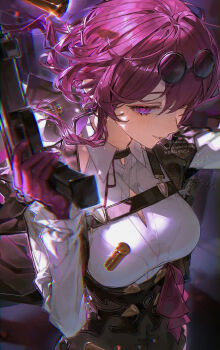 1girl adversarial_noise black_shorts breasts chest_harness chromatic_aberration cleavage_cutout clothing_cutout commentary eyewear_on_head glasses gloves gun harness high-waist_shorts highres holding holding_gun holding_weapon honkai:_star_rail honkai_(series) kafka_(honkai:_star_rail) large_breasts parted_lips pince-nez pkokonatu purple_eyes purple_gloves purple_hair round_eyewear shell_casing shirt shorts solo weapon white_shirt