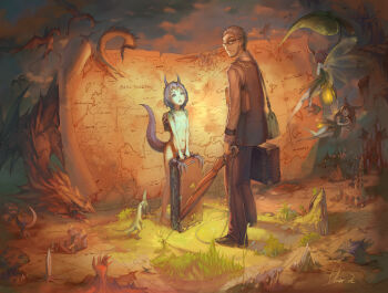 1boy 3girls bad_id bad_pixiv_id barefoot chain closed_umbrella clothed_male_nude_female dragon dragon_girl dragon_horns dragon_tail fairy_wings feet glasses grass highres horns map monster_girl multiple_girls navel nipples nude observerz original outdoors skull slave tail toes umbrella wings