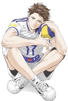 Rule 34 | 1boy, aged up, ball, brown eyes, brown hair, closed mouth, commentary request, full body, haikyuu!!, highres, holding, holding ball, knee pads, looking at viewer, male focus, oikawa tooru (haikyuu!!), sac hi9, shoes, short hair, shorts, socks, solo, sportswear, volleyball (object), volleyball uniform, white shoes, white shorts, white socks