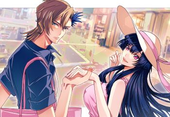 1boy 1girl ash_phoenix bag black_hair blonde_hair blue_eyes blunt_bangs blurry blurry_background blush breasts closed_mouth code_geass code_geass:_dakkan_no_roze collared_shirt commentary_request couple from_side hand_up hands_up happy hat head_tilt highres holding holding_hands large_breasts long_hair looking_to_the_side multicolored_hair nervous nervous_sweating open_mouth outdoors pink_shirt purple_eyes shirt short_hair short_sleeves shoulder_bag sleeveless soubi1022 standing streaked_hair sumeragi_sakuya sweat teeth upper_teeth_only