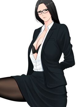 Rule 34 | 1girl, arm behind back, black bra, black eyes, black hair, black jacket, black skirt, bra, breasts, brown pantyhose, cleavage, commentary request, frown, glasses, jacket, large breasts, lips, medium skirt, office lady, original, pantyhose, partially unbuttoned, pencil skirt, skirt, solo, standing, standing on one leg, suit jacket, tamagou, underwear