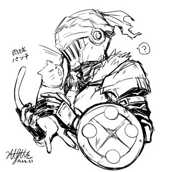 ? animal armor cat goblin_slayer goblin_slayer! greyscale helmet highres holding holding_animal holding_cat karate_champ monochrome shield tagme wa_ga_ne