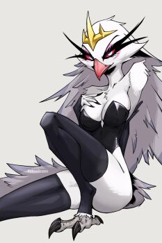 1girl beak bird_girl black_leotard black_thighhighs breasts cleavage colored_sclera feathered_wings furry furry_female hellaverse helluva_boss large_breasts leotard looking_at_viewer owl_girl red_sclera roksodraws simple_background sitting solo stella_(helluva_boss) strapless strapless_leotard thighhighs tiara white_background white_wings wings