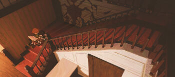 1boy 1girl abaddon_(haunted_hotel) absurdres book boots brown_hair child commentary demon desk different_shadow english_commentary esther_freeling from_above george_park hands_on_own_knees haunted_hotel highres holding holding_book indoors knees_up open_book orange_hair shoe_buckle sitting sitting_on_stairs socks stairs striped_wall