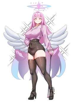 1girl alternate_costume angel_wings blue_archive commentary feathered_wings full_body gradient_halo halo highres linear_71 low_wings mika_(blue_archive) multicolored_halo pink_hair pink_halo solo symbol-only_commentary white_wings wings