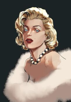 1girl blonde_hair blue_eyes breasts cleavage coat fur-trimmed_coat fur_coat fur_trim highres jewelry large_breasts looking_at_viewer luoyafeng084 marilyn_monroe medium_hair mole necklace pearl_necklace real_life red_lips solo white_coat