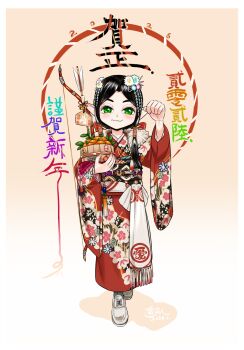 1girl 2026 :3 arrow_(projectile) black_hair bow_(weapon) chinese_commentary chinese_zodiac commentary_request egasumi ema flower food fruit full_body green_eyes hair_flower hair_ornament hamaya happy_new_year highres japanese_clothes kimono long_hair looking_at_viewer mandarin_orange mimit mixed-language_commentary nengajou new_year original print_kimono smile weapon year_of_the_horse