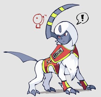 Rule 34 | !, :<, absol, capelet, closed mouth, commentary, creature, creature focus, english commentary, fire alarm, frown, gen 3 pokemon, grey background, highres, juno son, looking to the side, nintendo, no humans, pokemon, pokemon (creature), red capelet, red eyes, red vest, shadow, simple background, solo, speech bubble, spoken exclamation mark, vest, wristband