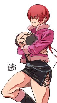 Rule 34 | 1girl, arms under breasts, boots, breast press, breasts, breasts squeezed together, cleavage, female focus, fishnets, highres, jacket, large breasts, leather, leg up, long hair, mimiyama kiichi, pale skin, ponytail, red hair, shermie (kof), skirt, smile, smiley face, snk, standing, the king of fighters, thighs