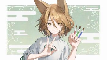 1girl :3 animal_ears blonde_hair bow bowtie bright_pupils cloud_print cork corked_bottle curly_hair double-parted_bangs fox_ears fox_girl fox_shadow_puppet green_background green_bow green_bowtie highres holding holding_test_tube kudamaki_tsukasa liquid looking_at_viewer medium_hair open_mouth red_pupils romper short_sleeves smile test_tube touhou tube two-tone_background wanko_sora white_background white_romper yellow_eyes yellow_fur