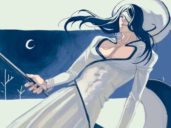 1boy a_nzi_end bare_pectorals black_eyes black_hair bleach commentary_request crescent_moon grid_teeth holding holding_polearm holding_weapon long_hair long_sleeves looking_at_viewer male_focus moon nnoitra_gilga pectorals polearm robe solo weapon white_robe