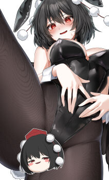 Rule 34 | 1girl, absurdres, animal ears, black hair, black leotard, black pantyhose, blush, breasts, censored, cleavage, commentary request, highres, kimeemaru, large breasts, leotard, looking at viewer, lyduke, open mouth, pantyhose, pom pom (clothes), rabbit ears, rabbit tail, red eyes, shameimaru aya, short hair, simple background, solo, tail, touhou, variant set, white background, wrist cuffs, yukkuri shiteitte ne