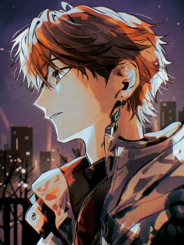 1boy absurdres brown_hair earrings ensemble_stars! from_side highres jewelry male_focus morisawa_chiaki night night_sky ninomiya_(t_238_t) outdoors parted_lips portrait profile short_hair sky solo