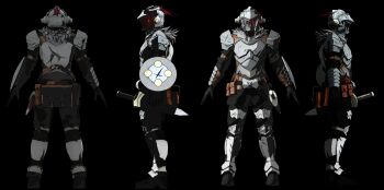 10s 1boy 3d absurdres armor black_background reference_sheet full_body glowing glowing_eye goblin_slayer goblin_slayer! helmet highres male_focus multiple_views nikkytae self-upload shield simple_background standing sword weapon