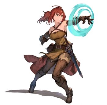 1girl belt belt_pouch boots breasts brown_belt brown_boots brown_dress brown_gloves commentary dojen dress elbow_gloves english_commentary fighting_stance gloves green_eyes highres looking_ahead magic medium_breasts open_mouth original outstretched_arm ponytail pouch red_hair shadow sheath sheathed simple_background solo standing sword v-shaped_eyebrows weapon white_background