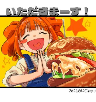 blue_overalls border bread burger closed_eyes commentary_request dated denim food heart heart_in_mouth highres idolmaster idolmaster_(classic) itadakimasu lettuce long_sleeves meisuikammm orange_hair overalls sidelocks star_(symbol) takatsuki_yayoi tomato tomato_slice twintails white_border yellow_background