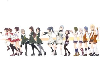 Rule 34 | 6+girls, ahoge, arms behind back, asakura mihono, asymmetrical legwear, ayanokouji martial arts school uniform, ban tsugumi, black gloves, black hair, black hairband, black neckerchief, black pantyhose, black shoes, black socks, blonde hair, blue eyes, bob cut, boots, breasts, brown hair, brown shoes, brown skirt, brown socks, closed eyes, closed mouth, collared shirt, commentary request, creature, crossed arms, dress, etou kanami, facing another, fingerless gloves, folded ponytail, from side, glasses, gloves, green dress, green hair, green neckerchief, grey hair, grey jacket, grey pantyhose, grey sailor collar, grey shoes, hair between eyes, hair through hood, hairband, hand on another's shoulder, hands in pockets, heijou institute school uniform, high heels, highres, hood, hood up, hooded jacket, imminent hug, itomi sayaka, iwakura sanae, jacket, juujou hiyori, kitora mirja, kneehighs, kohagura ellen, large breasts, loafers, long hair, long skirt, long sleeves, looking at another, mashiko kaoru, medium breasts, medium hair, miniskirt, minoseki gakuin uniform, motsutoko, multiple girls, musumi kiyoka, neck ribbon, neckerchief, nene (toji no miko), open mouth, orange jacket, orange ribbon, osafune girls academy school uniform, pantyhose, parted bangs, pink hair, playing with another's hair, pleated skirt, ponytail, purple eyes, purple jacket, purple skirt, purple socks, red sailor collar, red skirt, renpu girls school uniform, ribbon, sailor collar, school uniform, setouchi chie, shichinosato kofuki, shirt, shoes, short hair, sidelocks, simple background, skirt, sleeve cuffs, small breasts, smile, socks, standing, thighhighs, toji no miko, twintails, uneven legwear, walking, white boots, white sailor collar, white shirt, white skirt, white socks, white thighhighs, winter uniform, yamashiro yui, yanase mai