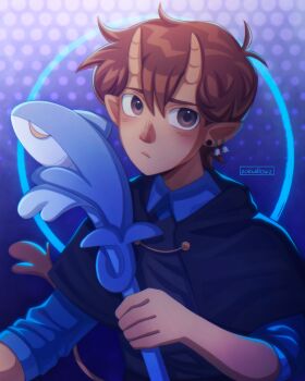 1boy alternate_costume alternate_eye_color artist_name blush brown_eyes brown_hair closed_mouth commentary crossover dark-skinned_male dark_skin ear_piercing english_commentary hero_(faraway)_(omori) hero_(omori) highres holding holding_staff horns long_sleeves looking_at_viewer male_focus omori piercing pointy_ears solo staff the_owl_house upper_body zoewillowz