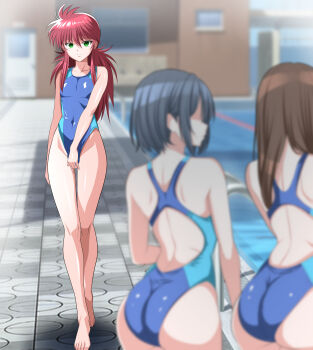 1boy 2girls absurdres ass black_hair blue_one-piece_swimsuit brown_hair bulge competition_swimsuit covered_navel crossdressing crossdressing_(mtf) doriane_dojin green_eyes hair_between_eyes highres kurama_(yu_yu_hakusho) long_hair looking_at_viewer multiple_girls one-piece_swimsuit pool poolside red_hair short_hair standing swimsuit trap two-tone_one-piece_swimsuit very_long_hair walking yuu_yuu_hakusho