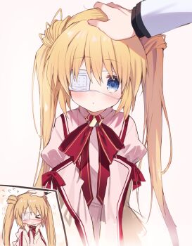 Rule 34 | > <, 1boy, 1girl, blonde hair, blue eyes, blush, bow, bowtie, closed mouth, commentary request, dress, eyepatch, flying sweatdrops, hand on another's head, hands on own cheeks, hands on own face, headpat, highres, kazamatsuri institute high school uniform, long hair, long sleeves, looking at viewer, medical eyepatch, multiple views, nakatsu shizuru, one eye covered, pink dress, red bow, red bowtie, rewrite, school uniform, simple background, solo focus, takepoison, twintails, twintails with hair base, upper body, white background