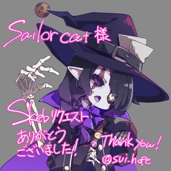 1girl absurdres black_hair bone bow bowtie braid brown_jacket cartoon_bone colored_skin commission commissioner_upload extra_arms eyepatch grey_skin hair_over_one_eye hat highres holding holding_staff jacket long_sleeves monster_girl necromancer non-web_source original pants pointy_ears puffy_long_sleeves puffy_sleeves purple_bow purple_bowtie single_braid skeb_commission skeletal_arm skeletal_hand solo staff stapled stapled_face sui_hope undead valkrana white_pants witch_hat wizard