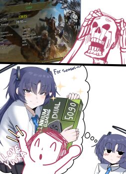 1boy 1girl :/ \o/ absurdres arms_up black_halo black_skirt blue_archive blue_necktie blush box cliov closed_mouth collared_shirt doodle_sensei_(blue_archive) english_text game_screenshot_inset geforce_rtx_5090 graphics_card hair_ornament halo hands_up heart highres holding holding_box jitome long_hair looking_at_viewer monster_hunter_(series) monster_hunter_wilds necktie outstretched_arms pleated_skirt purple_eyes purple_hair sensei_(blue_archive) shirt simple_background skeleton skirt smile sparkle speech_bubble thought_bubble two_side_up white_background white_shirt yuuka_(blue_archive)