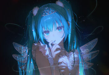1girl aqua_eyes aqua_hair aqua_nails black_background commentary dot_nose english_commentary fake_wings finger_to_mouth frills glowing hair_ornament hands_up hatsune_miku lace lace_trim lace_wrist_cuffs light_blush long_hair looking_at_viewer multiple_wings nagu nail_polish parted_lips pom_pom_(clothes) pom_pom_hair_ornament silver_tiara sleeveless solo tiara twintails upper_body vocaloid white_wings wings