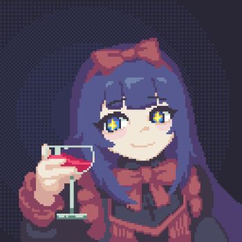 1109802486 1girl alcohol black_background black_dress black_souls black_souls_2 blue_eyes blue_hair bow bow_hairband bowtie closed_mouth commentary cup dress drinking_glass hair_bow hairband highres holding holding_cup juliet_sleeves long_hair long_sleeves mabel_(black_souls) puffy_sleeves red_bow red_bowtie red_hairband simple_background smile solo star-shaped_pupils star_(symbol) symbol-only_commentary symbol-shaped_pupils toasting_(gesture) very_long_hair wine wine_glass