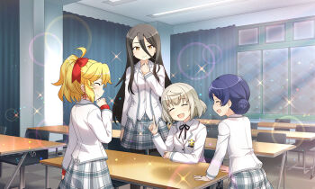 4girls ^_^ ahoge alternate_universe arm_on_table artist_request bare_legs black_hair black_ribbon black_shoes black_socks blazer blonde_hair blue_hair bow brown_shoes buttons ceiling_light chair checkered_floor classroom closed_eyes collared_jacket collared_shirt contemporary crest curtains desk elisa_celjska fleur-de-lis from_behind full_body game_asset grey_hair grey_skirt hair_between_eyes hair_bow hair_bun hand_on_own_chest hand_on_own_chin hand_on_table happy indoors jacket jeanne_d'arc_(madoka_magica) kneehighs lapels layered_sleeves light_blush light_particles liz_hawkwood loafers loose_hair_strand magia_record:_mahou_shoujo_madoka_magica_gaiden mahou_shoujo_madoka_magica mahou_shoujo_tart_magica medium_hair melissa_de_vignolles miniskirt multiple_girls neck_ribbon notched_lapels official_alternate_costume official_art on_chair open_clothes open_jacket open_mouth plaid_clothes plaid_skirt pocket pointing pointing_up pointy_nose ponytail red_bow red_wrist_cuffs ribbon school_chair school_desk school_uniform shadow shirt shoes short_hair sidelocks single_hair_bun sitting skirt socks sparkle thighhighs white_jacket white_shirt white_thighhighs wrist_cuffs