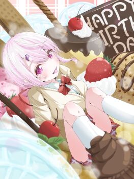 1girl ahiruiiesupii blush bow bowtie breasts brown_shoes cardigan cherry collared_shirt commentary cookie food fruit hair_ornament hairclip happy_birthday highres knees_up large_breasts loafers long_hair long_sleeves looking_at_viewer nijisanji open_mouth oversized_food oversized_object pink_background pink_eyes pink_hair pudding red_bow red_bowtie red_ribbon red_skirt ribbon shiina_yuika shiina_yuika_(1st_costume) shirt shoes skirt smile socks solo strawberry thighs virtual_youtuber white_shirt white_socks yellow_cardigan