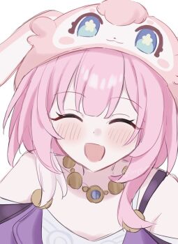 Rule 34 | 1girl, animal hat, bare shoulders, closed eyes, commentary request, cyrene (honkai: star rail), cyrene (philia093) (honkai: star rail), facing viewer, happy, hat, hello mem world! (honkai: star rail), highres, honkai: star rail, honkai (series), jewelry, medium hair, necklace, niyo (0nyo m), open mouth, pink hair, pink hat, portrait, simple background, solo, twitter username, white background