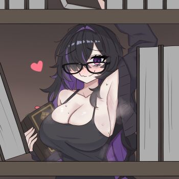 1girl arm_up armpits bare_shoulders black-framed_eyewear black_cardigan black_dress black_hair blush book bookmark bookshelf breasts brown_background cardigan cleavage closed_mouth collarbone colored_inner_hair commentary dress furrowed_brow glasses goddess_of_victory:_nikke hair_intakes hair_over_one_eye hair_over_shoulder heart highres holding holding_book label_(nikke) large_breasts long_hair looking_at_viewer looking_over_eyewear low_neckline messy_hair mojyo mole mole_on_breast multicolored_hair multiple_moles nervous_smile off_shoulder pale_skin parted_bangs purple_eyes purple_hair purple_streaks shiny_skin simple_background sleeveless sleeveless_dress smile solo steaming_body sweat tengt_e very_long_hair wavy_mouth