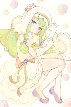 Rule 34 | 1girl, bed sheet, blue eyes, curly hair, dot nose, dress, elbow gloves, flats, flower, frilled dress, frills, full body, gloves, green hair, hair flower, hair ornament, hair spread out, hand on own arm, hand up, hat, hat flower, high-low dress, high-low skirt, highres, irene (puyopuyo), jazz grace, jitome, layered dress, light blush, long hair, long sidelocks, looking at viewer, looking to the side, lying, on side, parted lips, pink flower, pink rose, purple flower, purple footwear, purple rose, puyopuyo, puyopuyo quest, rose, see-through skirt layer, shadow, sidelocks, socks, solo, split mouth, thighs, veil, wavy hair, white gloves, white socks, yellow dress, yellow veil