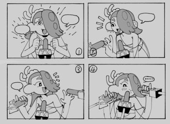 ... 1girl 4koma :t ^^^ blush boom_(pixiv_17287082) capelet chest_sarashi comic greyscale hair_over_one_eye microphone monochrome nintendo octoling open_mouth pinky_out sarashi sexually_suggestive shiver_(deep_cut_outfit)_(splatoon) shiver_(splatoon) smile speech_bubble splatoon_(series) splatoon_3 tentacle_hair upper_body