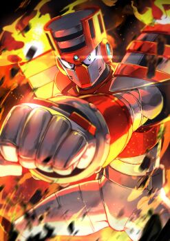 Rule 34 | 1boy, armor, clenched hand, commentary request, cowboy shot, dai-xt, fire, green eyes, helmet, highres, male focus, mega man (series), red armor, red helmet, solo, torch man
