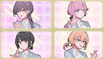 4girls alternate_costume anyoji_hime ascot black_hair black_ribbon blue_jacket bourei_(lvle_aqhs) collared_shirt column_lineup commentary_request flower gradient_background grey_hair grid_lineup hair_flower hair_ornament hair_ribbon highres hinoshita_kaho ichigo_milk_love jacket jellyfish_cut katsuragi_izumi link!_like!_love_live! love_live! low_ponytail momose_ginko multiple_girls open_clothes open_jacket pattern_request pink_background pink_hair ponytail princes_(love_live!) purple_background rabbit_hair_ornament ribbon shirt short_ponytail sparkle suit_jacket triangle_hair_ornament virtual_youtuber white_ascot white_flower white_shirt