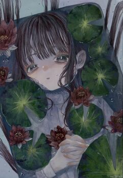 1girl absurdres black_hair commentary_request expressionless eyelashes flower grey_eyes highres in_bathtub lily_pad long_hair looking_at_viewer monou_pico original own_hands_together partially_submerged red_flower solo water_lily_flower