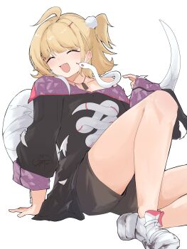 Rule 34 | ahoge, arm support, black shirt, blonde hair, blush, brown shorts, chalky (zenless zone zero), cissia (zenless zone zero), closed eyes, commentary request, fangs, hair ornament, highres, invisible chair, jewelry, long hair, necklace, open mouth, pom pom (clothes), pom pom hair ornament, samejimamayu, shirt, shoes, shorts, simple background, single bare shoulder, sitting, snake, snake girl, snake tail, tail, white background, white shoes, white snake, zenless zone zero