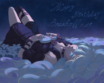 1boy androgynous blue_eyes blue_hair character_name cone_hair_bun dated drill_hair fire_emblem fire_emblem_engage hair_between_eyes hair_bun hair_horns happy_birthday highres long_hair looking_at_viewer mawguai nintendo pink_hair rosado_(fire_emblem) smile solo trap