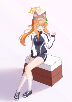 1girl absurdres animal_ear_fluff animal_ears between_legs black_shoes black_shorts blue_archive blue_eyes blush cat_ears cat_girl chinese_commentary clenched_hand commentary cross-laced_shoes daoyan eyelashes floating_hair flower full_body furrowed_brow gym_shorts gym_uniform hair_between_eyes hair_flower hair_ornament hair_ribbon hairband halo hand_between_legs hand_up highres jacket kneehighs leaf_hair_ornament long_hair looking_at_viewer low_ponytail mari_(blue_archive) mari_(track)_(blue_archive) official_alternate_costume official_alternate_hairstyle open_mouth ponytail ribbon shoes shorts sidelocks simple_background sitting sleeves_past_wrists sneakers socks solo sweatdrop track_jacket trinity_general_school_logo tsurime wavy_mouth white_background white_flower white_hairband white_ribbon white_socks yellow_halo
