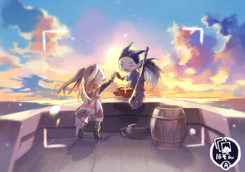 1boy 1girl barrel blonde_hair blue_sky boat boots cloud club club_(weapon) dragon_quest dragon_quest_builders_2 dress dusk female_builder_(dqb2) gloves holding_hands horn-shaped_hair oboro_keisuke orange_gloves outdoors pointy_ears sidoh_(dqb2) sitting sky spiked_club twintails viewfinder watercraft weapon