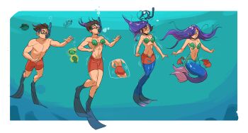 1boy 1girl absurdres air_bubble bikini brown_hair bubble diving fish flippers genderswap genderswap_(mtf) goggles highres male_swimwear mermaid monster_girl monsterification open_mouth original puffer_fish purple_hair sequential shell shell_bikini snorkel snorkel_in_mouth snorkel_mask surprised swim_trunks swimming swimsuit topless_male transformation underwater zrav7853