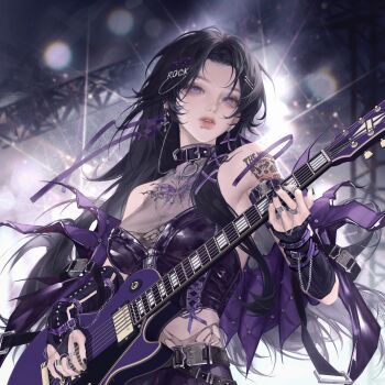 1girl absurdres bare_shoulders belt black_hair black_nails breasts collar earrings electric_guitar gloriash guitar hair_ornament hair_ribbon highres holding holding_instrument instrument jewelry long_hair looking_at_viewer music original parted_lips piercing purple_eyes ribbon ring solo stage stage_lights tattoo upper_body