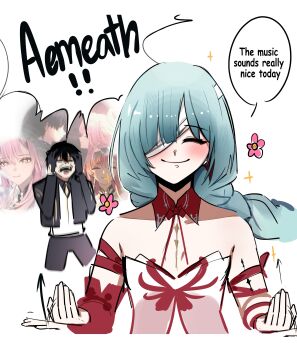 Rule 34 | 1boy, 1girl, absurdres, aemeath (wuthering waves), bandage over one eye, bare shoulders, black gloves, black jacket, black pants, blush, closed eyes, collared shirt, commentary, cropped jacket, crying, dress, english commentary, english text, game screenshot inset, gloves, grey hair, hair over one eye, happy, highres, jacket, male rover (perpetual spark) (wuthering waves), male rover (wuthering waves), naykainaw, necktie, official alternate costume, open clothes, open jacket, open mouth, pants, phrolova (wuthering waves), red dress, rover (wuthering waves), screenshot inset, shirt, smile, vest, white vest, wuthering waves, yellow necktie