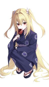 1girl :p absurdres aco_(aco_7313) arm_on_knee blonde_hair candy_apple crossed_legs double-parted_bangs eating flip-flops food full_body hair_between_eyes hair_intakes hair_ornament highres holding holding_food japanese_clothes kimono konjiki_no_yami long_hair pink_sash red_eyes sandals sash simple_background solo squatting to_love-ru to_love-ru_darkness tongue tongue_out two_side_up very_long_hair white_background yukata zouri