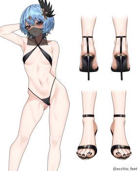 1girl absurdres arm_up armpits bikini black_bikini black_nails breasts cameltoe commentary_request ecchi-o feet hair_ornament high_heels highres hololive hoshimachi_suisei looking_at_viewer micro_bikini mouth_veil multiple_views nail_polish navel short_hair simple_background small_breasts swimsuit thighs toenail_polish toenails toes v-shaped_eyebrows veil virtual_youtuber white_background