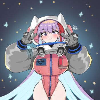 1girl animal_ear_helmet animal_ears_helmet animal_helmet artist_name bare_legs bb_(fate) bb_cosmo_(fate) blush breasts cat_helmet cowboy_shot dot_nose double_v fate/grand_order fate_(series) floating full-length_zipper hair_ribbon hands_up helmet highres huge_breasts long_hair looking_at_viewer oniyanna purple_eyes purple_hair ribbon smile space space_helmet spacesuit v very_long_hair wide_sleeves zipper