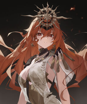 1girl absurdres armor augusta_(wuthering_waves) black_collar breastplate breasts collar commentary gradient_background hair_between_eyes headgear highres large_breasts long_hair looking_at_viewer orange_eyes orange_hair parted_lips simple_background solo sun_necklace upper_body wuthering_waves xuegao_ice