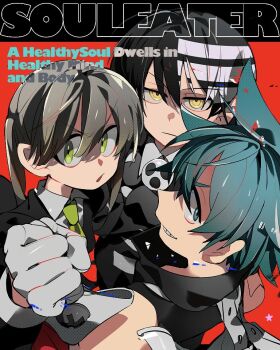 1girl 2boys arm_up asymmetrical_hair black_hair black_jacket black_shirt black_star blue_hair brown_hair collared_shirt commentary_request copyright_name death_the_kid english_text frown gloves green_eyes green_necktie hair_between_eyes hayotukiaeya jacket lapels layered_sleeves looking_at_viewer looking_to_the_side maka_albarn multicolored_hair multiple_boys necktie open_mouth shirt sideways_glance sleeveless sleeveless_shirt soul_eater suit_jacket twintails white_gloves white_hair white_shirt wing_collar